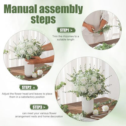 LUWENER 120 Pcs 5 Kinds Mixed Artificial Eucalyptus Leaves Stems,Bulk Fake Silver Dollar Leaves Faux Greenery Branches for Wedding DIY Bouquets, Floral Arrangement & Home Decor | White Silk Roses and Baby Breath Bulk, Fake Silver Dollar Leaves for Wedding