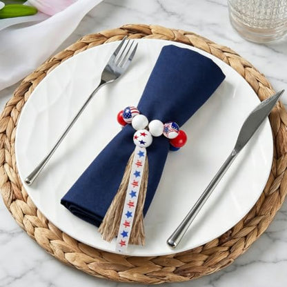 4th of July Wooden Bead Napkin Rings, Patriotic US Flag Star Striped Tassel Napkin Holders, Red White Blue Independence Day Table Decor for Memorial Day Labor Day BBQ Party, Set of 8 Napkin Holders