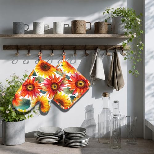 Watercolor Sunflowers Oven Mitts and Pot Holders Sets Flower Oil Painting Non-Slip Silicone Surface for BBQ Gloves,Kitchen,Cooking,Baking,Grilling - color: Watercolor Sunflowers