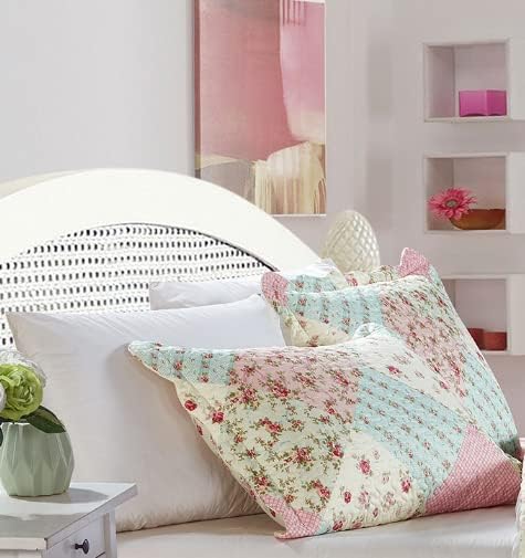 Brilliant Sunshine Pink & Green Roses Pillowshams Set, 20"x26"+2" | Patchwork Design, Quilted Standard Pillowcases, Washable Scallop Edge Pillow Covers, Pack of 2 - color: Pink Green, size: 20 x 26 inches