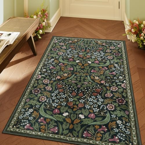 Lahome Olive Green Botanical Rug, 3x5 Washable Floral Entryway Rug, Vintage Soft Low Pile Cottagecore Flower Area Rug with Non Slip Backing for Indoor Front Door, Bedroom, Dorm - color: Green, size: 3' x 5'