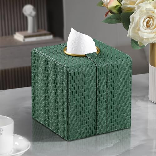 Square Tissue Box Cover with Magnetic Closure, Forest Green | Luxury PU Leather Tissue Holder with Gold Tone Metal Opening, Fits All Standard Cube Tissue Boxes - color: Forest Green