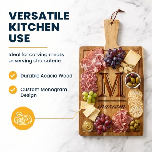 Monogrammed Acacia Wood Carving Board | 17" x 9.75" Charcuterie & Cutting Board | Handle with Lanyard | Beveled Edge Design | Custom Initial Wedding Gift - color: Acacia, style: Wide Rectangle Custom Monogram