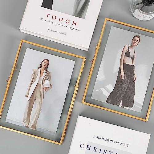 Gold Picture Floating Frame, Set of 2 Pressed Glass Floating Frames, 6 x 8 Standing Gold Picture Frame for 5x7, 4x6, 3x5 Photo Tabletop Display - color: Gold, size: 6x8 inch