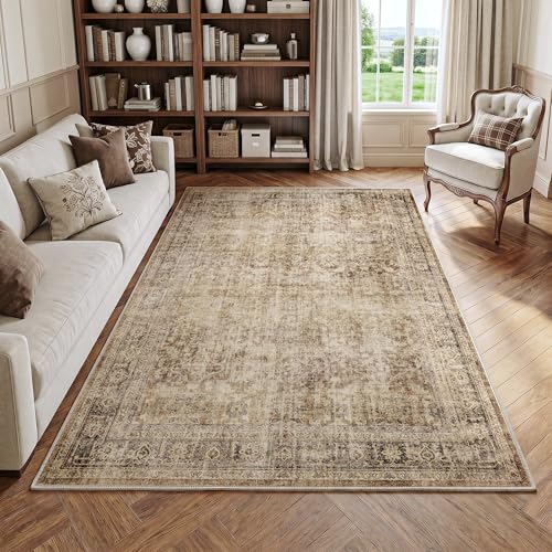 FMFUNCTEX 5x7 Washable Brown Vintage Distressed Area Rug for Living Room | Non Slip Low Pile Soft Large Retro Oriental Farmhouse Traditional Faded Indoor Thin Carpet Bedroom Dining Room Nursery Office - color: Brown, size: 5' x 7' (Rectangular)