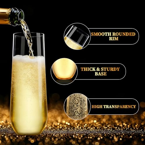 Guanqiao 12 Pack Stemless Plastic Champagne Flutes, 9 oz Clear Disposable Plastic Glasses, Heavy Duty Shatterproof Recyclable Mimosa Glasses for Party Wine Tasting Wedding New Years Eve Party Supplies - color: Clear, size: 12-Pack