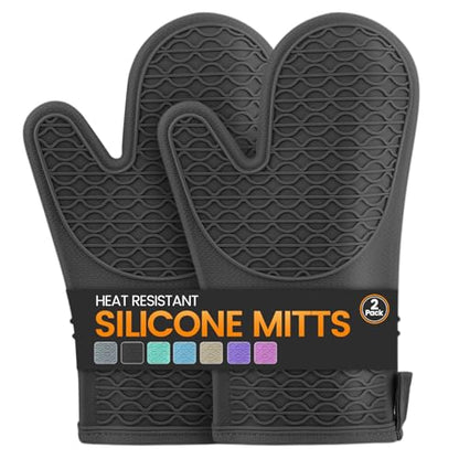 Silicone Oven Mitts, Heat Resistant 2PCS Oven Mitts with Soft Cotton Lining, Waterproof Non-Slip Grip Oven Glove, Kitchen Potholder Mits for BBQ, Baking, Cooking, 12.5 Inch - Black - color: Black