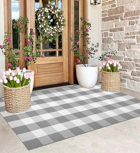 Washable Outdoor Rug 3'x5'Grey White Farmhouse Door Mat For Front Porch | Hand-Woven Cotton Layering Rug Buffalo Plaid Entryway Rug Combined With Hello/Welcome Mat - color: Grey Buffalo, size: 35.4'' x 59''