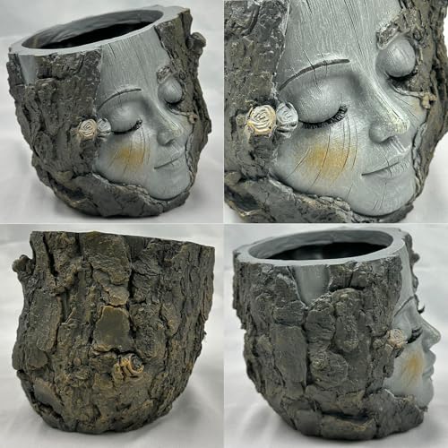 Face Planter Pot with Drainage Hole, 5" Resin Tree Stump Head Planter for Indoor Outdoor Plants, Cute Succulent Pots for Home Garden Decor, Plant Lover Gifts
