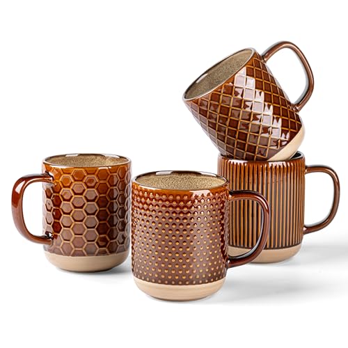 GBhome Coffee Mugs Set of 4, 12 oz Coffee Cups with Large Handle | 4 Assorted Designs, Embossed Ceramic Coffee Mugs for Coffee/Tea/Cappuccino, Dishwasher&Microwave Safe, Caramel - color: Caramel, size: Set of 4 (12 Ounce）