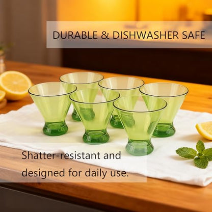 Set of 6 Martini glass 9 oz Stemless Glasses,Heavy Base Stable Cocktail/Drink/Juice/Red Wine Glasses,Fits Ice Cream/Milkshakes,Dishwasher Safe,Ideal Gift for Home Party (Green) - color: Green
