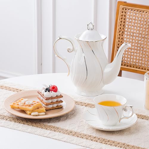 Agyiuns 6 Sets 6oz Porcelain Tea Cups Saucers，White with gold thread Tea Cups for Tea,Coffee - color: White with gold thread-set of 6