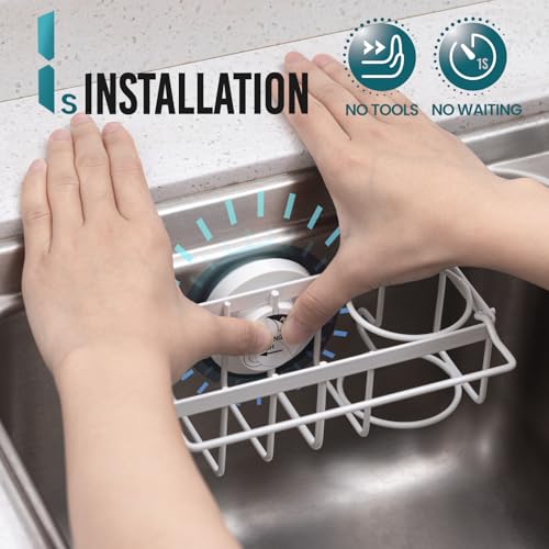 TAILI 4-in-1 Sponge Holder for Kitchen Sink with Strong Suction Cup-White | Removable Rustproof 304 Stainless Steel Multi-compartment Sponge Holder with Suction Cup, Keeps Brushes & Scrubbers Tidy - color: White, size: 7.28" x 2.36"