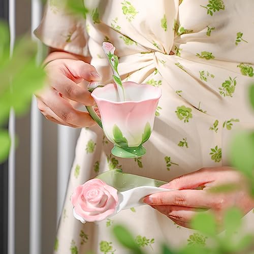 Dandat Ceramic Rose Tea Cups and Saucers with Spoon Rose Flower Shaped Cup and Sauce Set Cute 6oz Tea Cups Flower Mug Mother's Day Grauation Birthday Appreciation Teacher Gifts for Home Office Kitchen