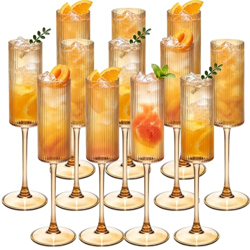 12Pieces Amber Crystal Wine Glasses 6OZ Goblet Ribbed Champagne Flutes Mimosa Bar Toasting Glass Champagne Long Stem Vintage Drinking Colored Glasses for Birthday, Wedding, Cocktail Cups - color: Amber, size: 12 PCS