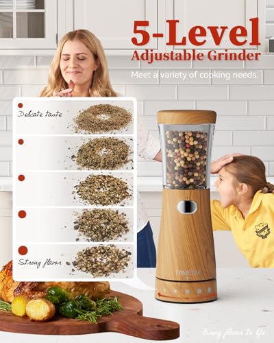 Electric Salt and Pepper Grinder Set with Storage Base, Stainless Steel Rechargeable Salt and Pepper Grinder Set with 4.5 oz Large Capacity, 1.8" Wide Mouth, Adjustable Coarseness, Ideal for Kitchen - color: Light Wood Grain