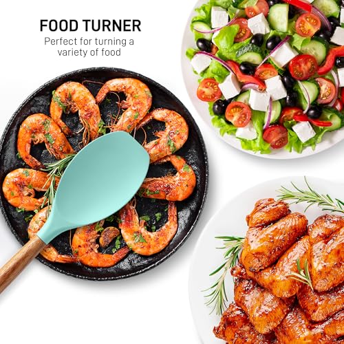 Zulay Kitchen 5 Piece Silicone Utensil Set | Non-Stick Silicone Cooking Utensils Set with Acacia Wood Handles - 464°F Heat Resistance Kitchen Utensils Set - Aqua - color: Sky Aqua, size: 5-Piece Set