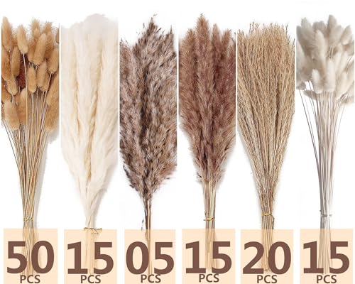 Dried Pampas Grass Decor, 120 PCS Pampas Grass with Bunny Tails Dried Flowers, Reed Grass Bouquet for Wedding, Boho Flowers, Home Table Decor, Rustic Farmhouse Party (White and Brown) - size: 120PCS