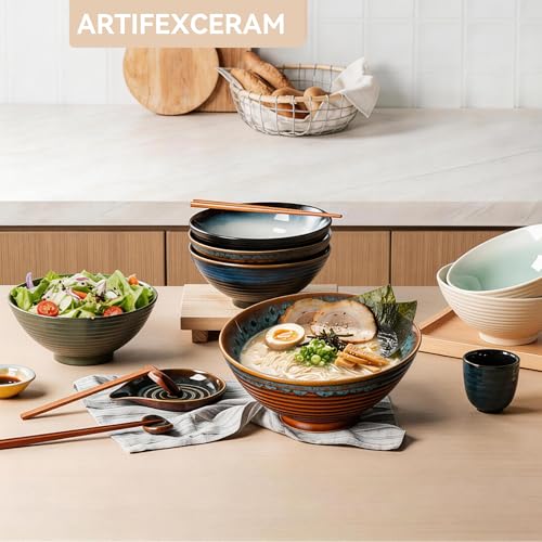 8 Inch Ceramic Ramen Bowl Set of 2, 40oz Japanese Bowls with Spoons & Chopsticks,Durable,Microwave & Dishwasher Safe,Perfect for Ramen,Pho,Salad,Soup,Noodles，Mixing bowls（Verdigris Green） - color: Verdigris Green