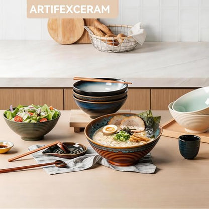 8 Inch Ceramic Ramen Bowl Set of 2, 40oz Japanese Bowls with Spoons & Chopsticks,Durable,Microwave & Dishwasher Safe,Perfect for Ramen,Pho,Salad,Soup,Noodles，Mixing bowls（Verdigris Green） - color: Verdigris Green