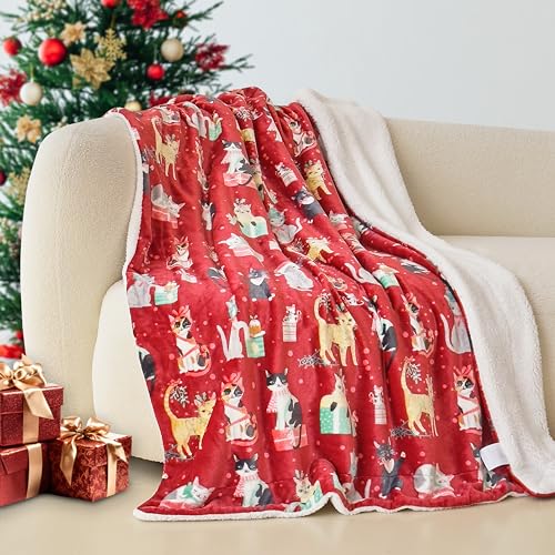 Elegant Comfort Reversible and Ultra-Plush Flannel Fleece-Winter Christmas Sherpa Throw- Lightweight Soft and Cozy-Holiday Decorative Throw, Perfect for Lounging, 50 x 60 inches, Cats in Holiday - color: Cats in Holiday, size: 50 X 60