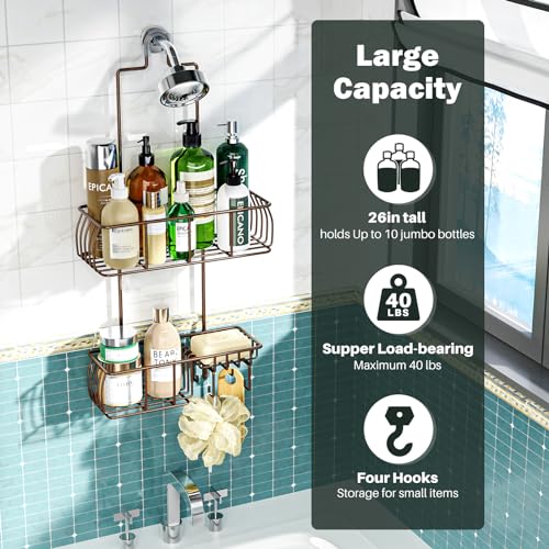 Epicano Shower Caddy Hanging Over Head, Bronze | Rustproof,4 Hooks for Towels,Sponge and & Bathroom Accessories,Anti-Swing Suction Cups & Adhesive hooks - color: Bronze