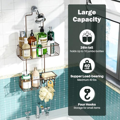 Epicano Shower Caddy Hanging Over Head, Bronze | Rustproof,4 Hooks for Towels,Sponge and & Bathroom Accessories,Anti-Swing Suction Cups & Adhesive hooks - color: Bronze