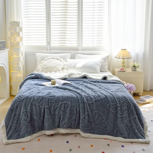 Sherpa Bed Blanket 80 × 90 inch, Ultra Soft Queen Size Throw Blankets for All Season, Cozy Plush Butterfly Fleece Blanket for Bedroom Living Room Dorm Hostel Sofa Camping, Blue Grey - color: D-blue Grey, size: 80x90 inch