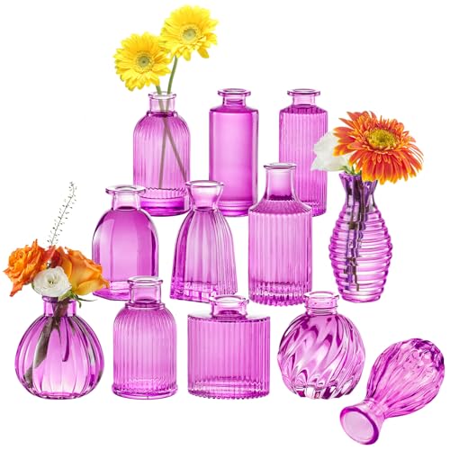 12PCS Hot Pink Vase Small Colored Flower Bud Vases | Glass Bud Vase in Bulk Pink Vases for Centerpieces Vintage Colored Glass Bottles for Home Office Decor - color: Hot Pink-purple, size: 1 Pack