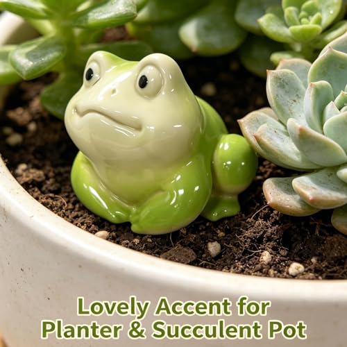 Cute Chubby Frog Statue Decor, 4.1 Inch Handcrafted Glazed Ceramic Figurine for Planter, Aquarium & Window Sill, Small Animal Ornament for Desk/Garden