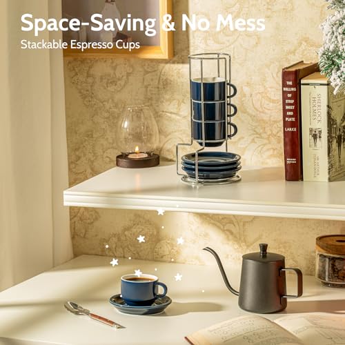 Sweese 4 Ounce Porcelain Stackable Espresso Cups with Saucers and Metal Stand Set of 4, Navy - color: Navy, size: 4 Ounces