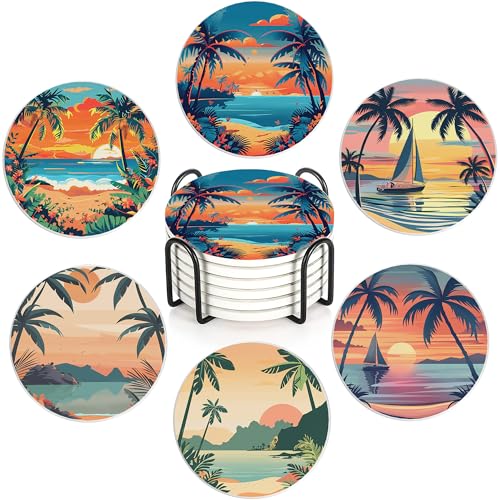 Drink Coasters Set of 6 with Holder, Palm Trees Beach Sunset Absorbent Ceramic Drink Coaster for Tabletop Protection,Suitable for Kinds of Cups,Drinks Coasters for Home Office Decoration(4 Inches) - color: Palm Trees Beach Sunset