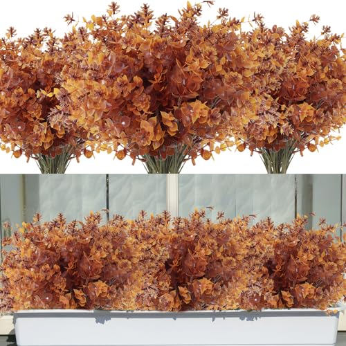 RECUTMS 12Pcs Artificial Fake Flowers Outdoor Mums Artificial Fall Flowers | Fall Brown Decor Fake Outdoor UV Resistant Autumn Plastic Plants for Home Kitchen Christmas Festival Thanksgiving Decoration - color: Brown, size: 12 Pcs