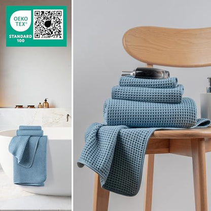 MICROFI Microfiber Waffle Bath Towels, 3 Pieces, Oversized, Soft, Absorbent, Fast Drying, Lint Free, Includes Bath, Face and Hand Towels 430 GSM - color: Blue