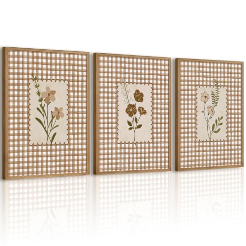 Vintage Floral Wall Art Cottage Core Wildflower Canvas Wall Decor Cottagecore Botanical Prints Gingham Farmhouse Flower Pictures Neutral Floral Poster for Bathroom Home Bedroom 12x16x3 Inch Unframed - color: Gingham Flower Art, size: 12''x16'' Unframed