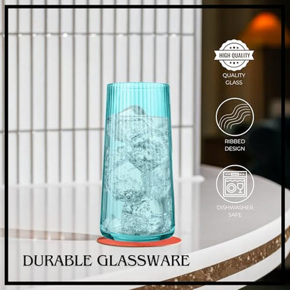 ARTLAND Soho Optic 17.5oz Highball Glass, Set of 4 - Modern Design Elegant Tall Drinking Glasses for Cocktails and More, Durable & Stylish Bar Glassware Essential for Any Occasion (Turquoise) - color: Light Turquoise, style: Highball Glass (4-Piece)