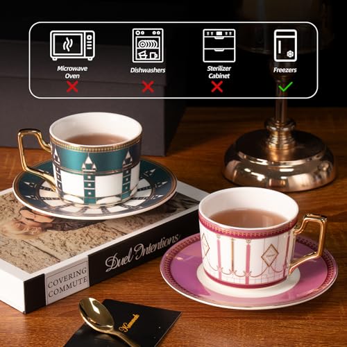 KAMMAK Tea Cups and Saucers Set of 2, Porcelain Coffee Cups, NX041 | Gold Rim, Stackable Espresso Mugs, Ceramic Demitasse for Coffee, Latte, Americano, Afternoon Tea, Elegant Gift for Women - size: 8CZNX041+42