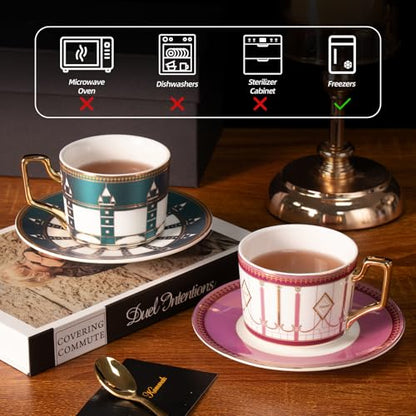 KAMMAK Tea Cups and Saucers Set of 2, Porcelain Coffee Cups, NX041 | Gold Rim, Stackable Espresso Mugs, Ceramic Demitasse for Coffee, Latte, Americano, Afternoon Tea, Elegant Gift for Women - size: 8CZNX041+42