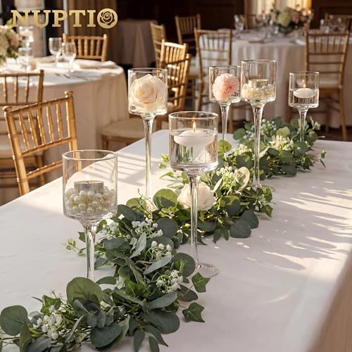 NUPTIO Glass Candle Holders, Set of 3 Stemmed Holders for Floating Candles | Clear Glass Cups, Elegant Long Stem Design, Dinner Table Centerpiece, Wedding Decor, Home Decoration