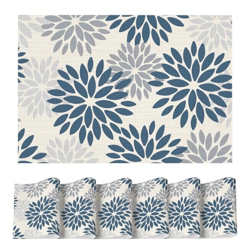 Artoid Mode Floral Vinyl Plistic Placemats Set of 6, Washable Heat Resistant Non-Slip Woven Plastic PVC Place Mats for Farmhouse Holiday Party Kitchen Dining Decor - color: Beige/Blue, size: 12" x 18", Rectangular 6 Pcs