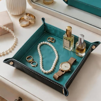 Valet Tray Desktop Storage Organizer – Vegan Leather Catchall Tray Bedside Vanity Tray Nightstand Caddy Holder for Remote Controller, Watch, Keys, Phone, Wallet, Coin, Jewelry, Turquoise - color: Turquoise