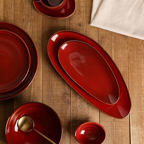 vicrays Large Oval Serving Platters, 16"/14"/10" Porcelain Serving Platters for Party, BBQ,Stackable Serving Trays Serving Plates for Appetizers, Sushi, Restaurant, Set of 3 (Cherry Red) - color: Cherry Red
