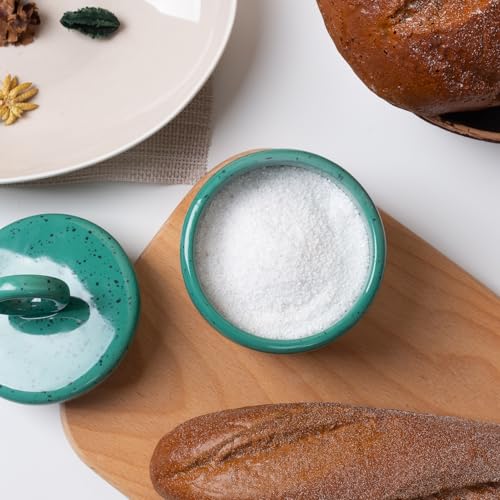 Salt Cellar Keeper with Ceramic Lid, Big Capacity Ceramic Sugar Bowls Pepper Box, Speckled Glaze Seasoning Container Condiment Pot for Kitchen (Green) - color: Green