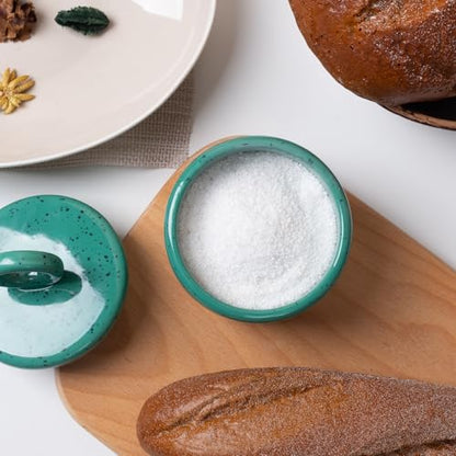 Salt Cellar Keeper with Ceramic Lid, Big Capacity Ceramic Sugar Bowls Pepper Box, Speckled Glaze Seasoning Container Condiment Pot for Kitchen (Green) - color: Green