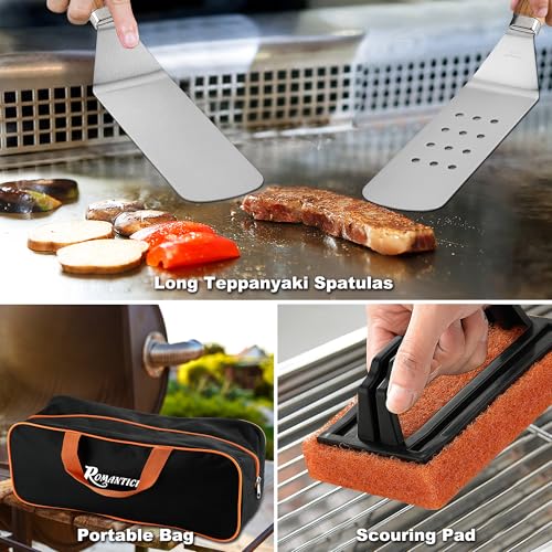 ROMANTICIST 29PCS Griddle Accessories Set - Flat Top Teppanyaki Spatula Set with Scraper, Basting Cover for Camp Chef- Home Cooking Griddle and Outdoor BBQ Gifts for Father's Day - style: Brown