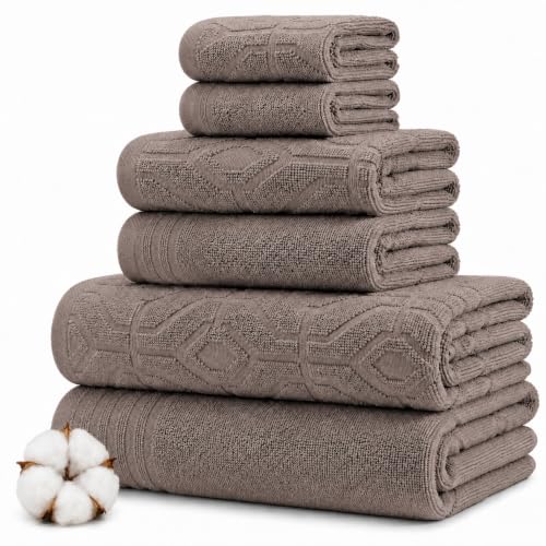 Modern Threads 6 Piece Cotton Bath Towel Set – Ultra Soft 550 GSM Towels – Bathroom Set with Hand Towels and Washcloths – Geometric (Classic Taupe) - color: Classic Taupe, size: Standard, style: Geometric