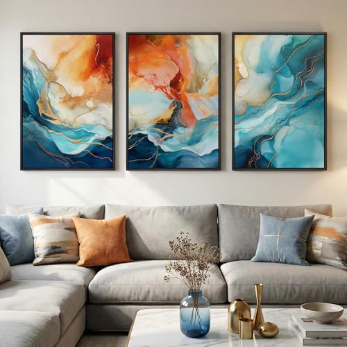 Large Framed Blue Orange Abstract Wall Art for Living Room, 3 Piece 24x36 | Bright colorful pictures, Canvas prints, Modern paintings, Artwork for walls, Wall decor for bedroom dining room hallway - color: Blue and Orange Fluid, size: 24" W x 36" H x 3pcs