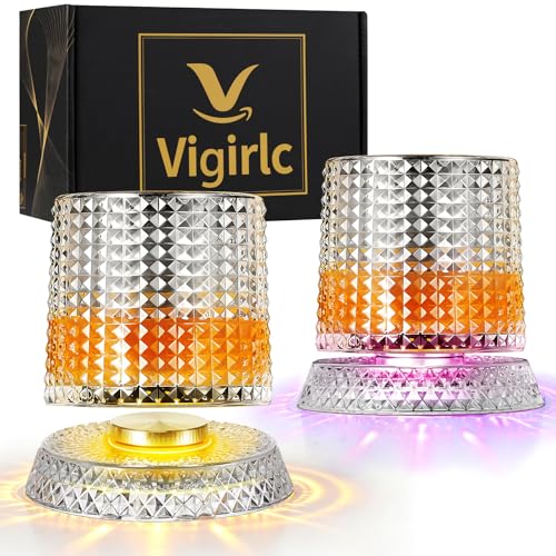 Luxury 360° Spinning Crystal Whiskey Glass Set Of 2, Rotating Old Fashioned Rocks Glasses & & 4 Color Lighting, Scotch & Bourbon, Cocktail Glasses for Bar, Party, Home and Gift (Grid) - color: Grid