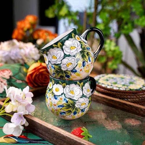13oz Ceramic Coffee Mug, Hand-Painted Floral Polish Pottery Style Cup, Large Stoneware Tea Mug with Handle, Microwave & Dishwasher Safe (Green) - color: Green
