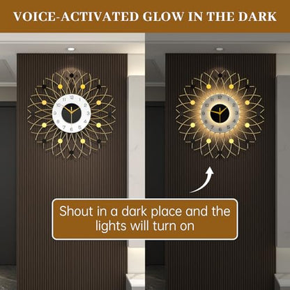 Large Gold Starburst Wall Clcok with Light for Living Room Decor | 24 Inch Big Luxury Decorative Wall Clock Battery Operated Non Ticking Silent Modern Luminous Clock for Kitchen Office Home - style: Modern